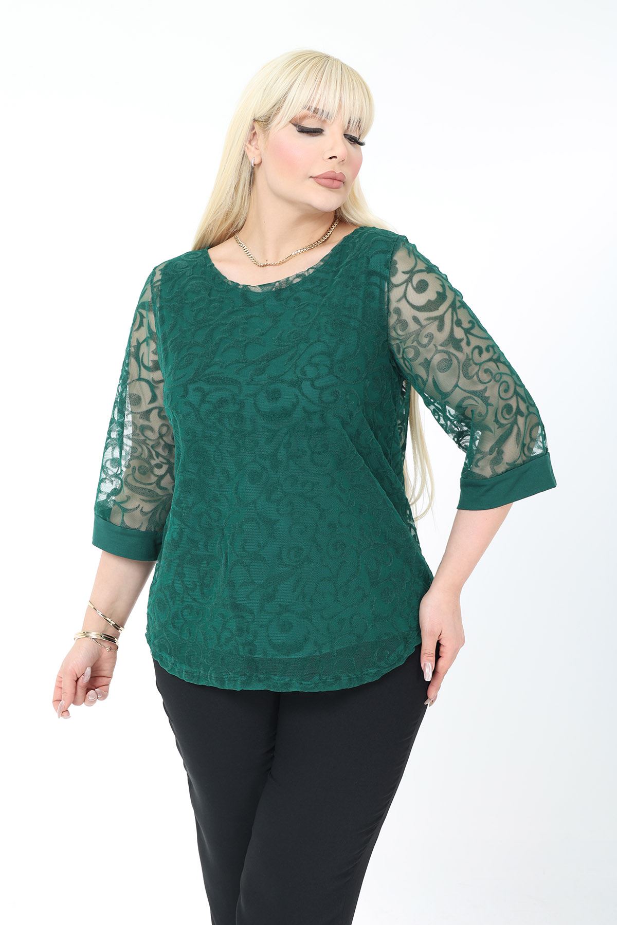 Büyük Beden Astarlı Yeşil Esnek Bluz 27C-2781
