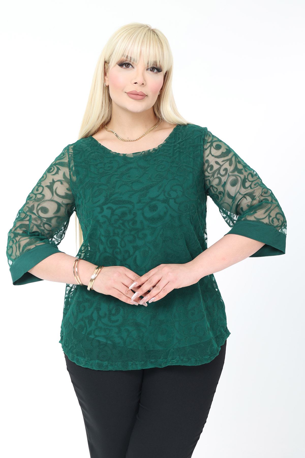 Büyük Beden Astarlı Yeşil Esnek Bluz 27C-2781