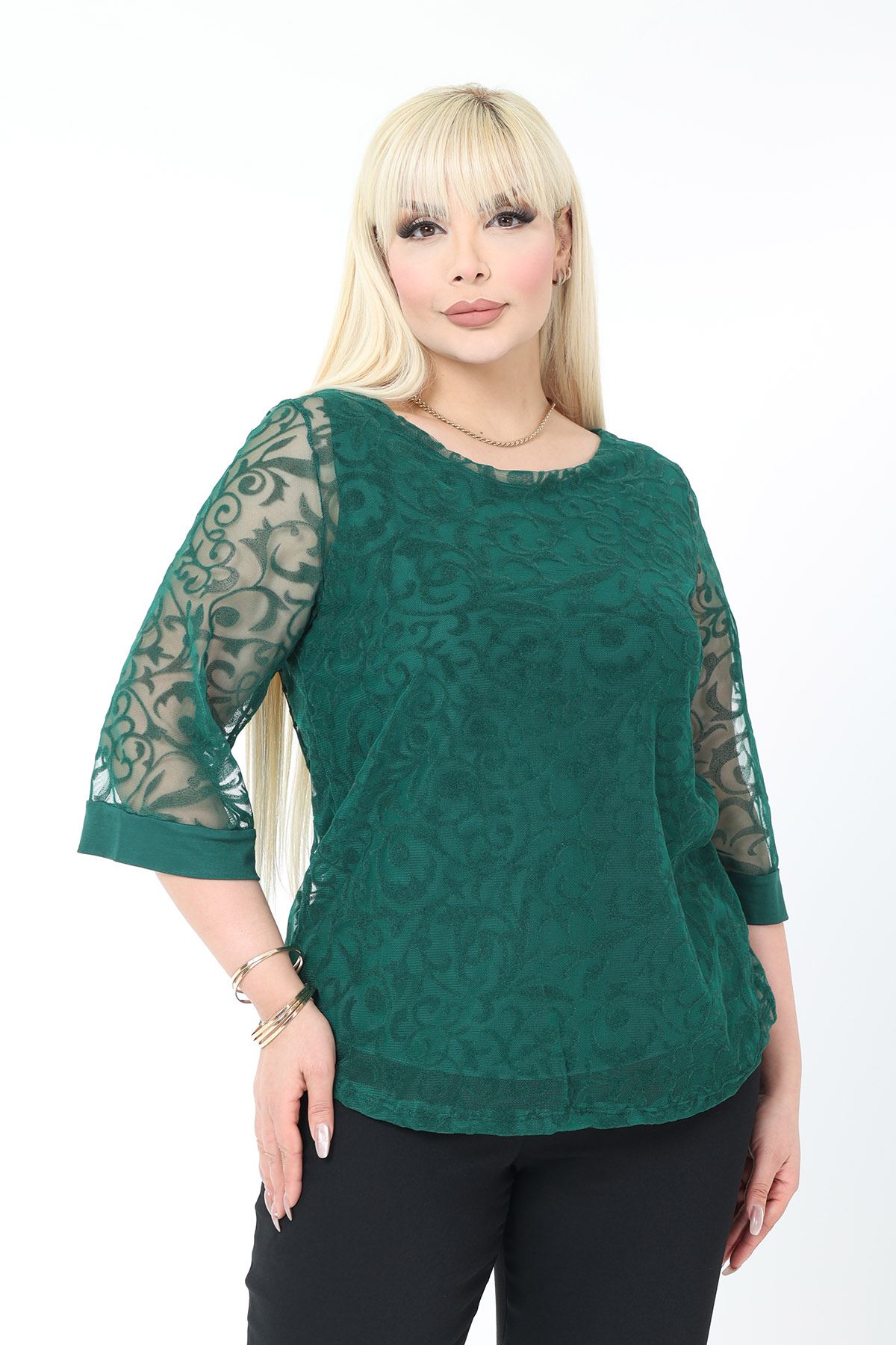 Büyük Beden Astarlı Yeşil Esnek Bluz 27C-2781