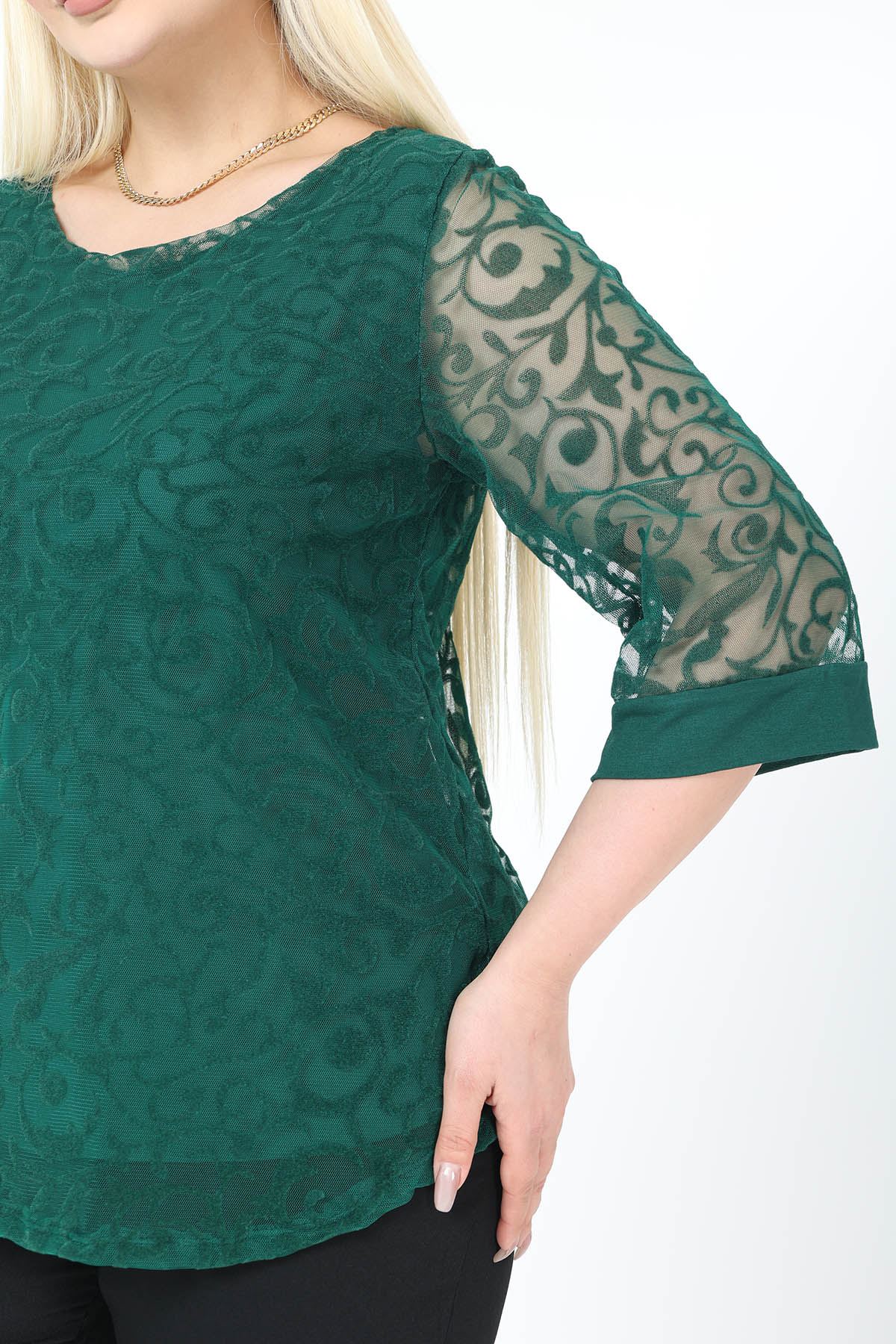 Büyük Beden Astarlı Yeşil Esnek Bluz 27C-2781
