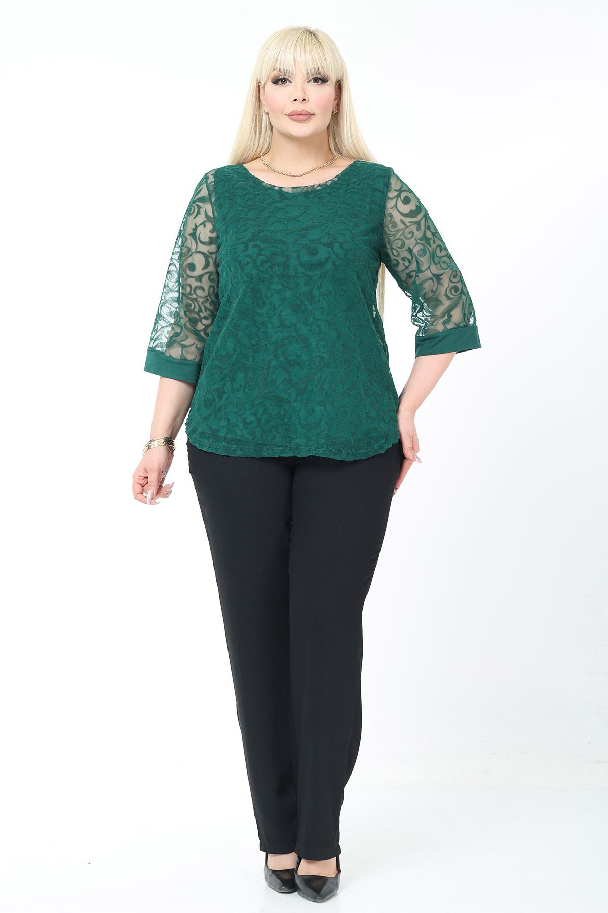 Büyük Beden Astarlı Yeşil Esnek Bluz 27C-2781