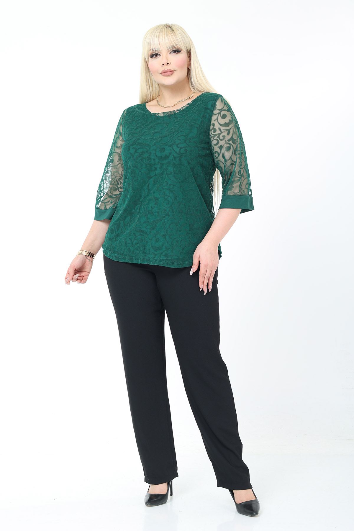 Büyük Beden Astarlı Yeşil Esnek Bluz 27C-2781