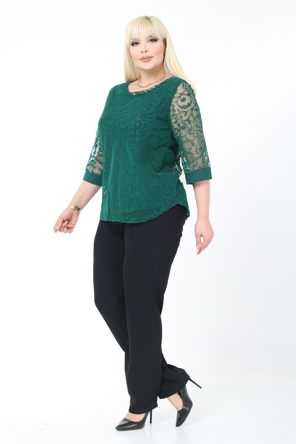 Büyük Beden Astarlı Yeşil Esnek Bluz 27C-2781