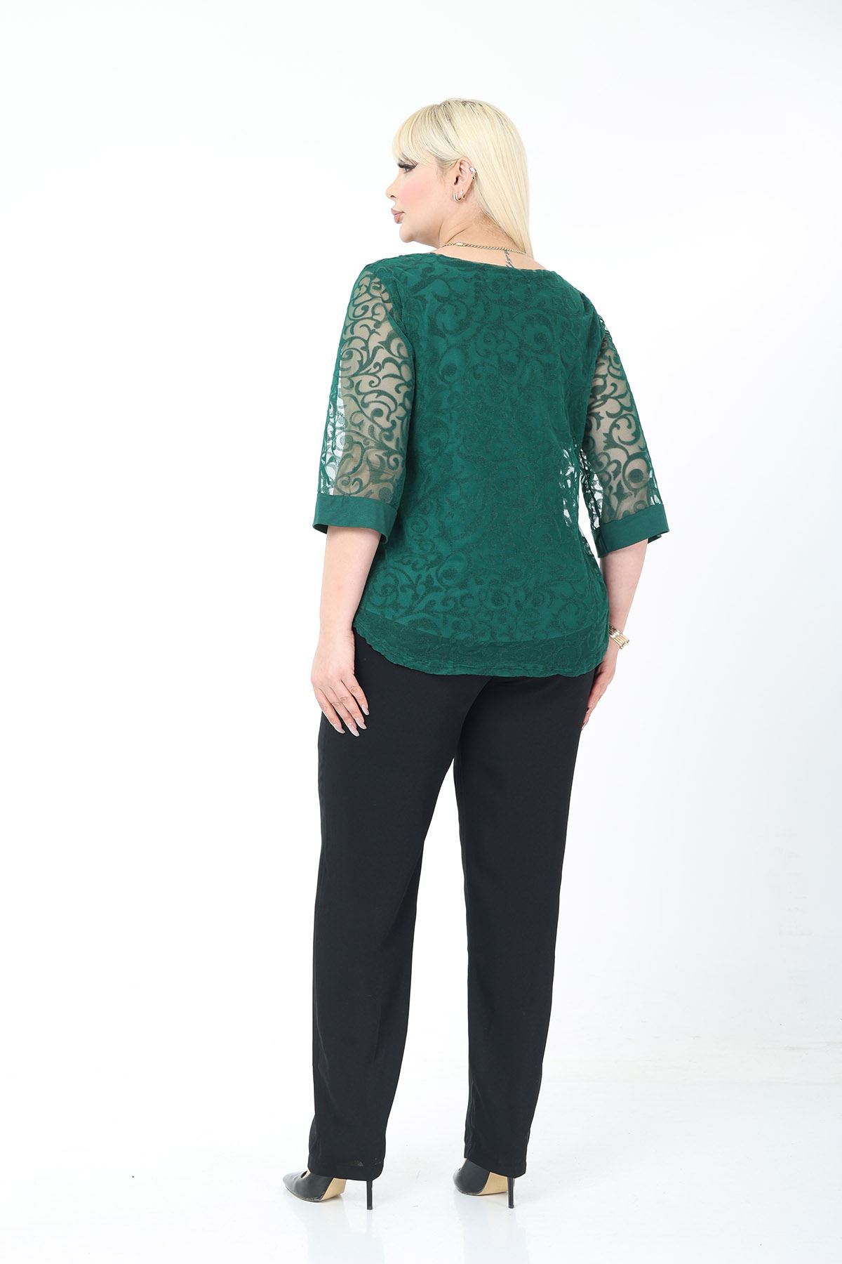 Büyük Beden Astarlı Yeşil Esnek Bluz 27C-2781