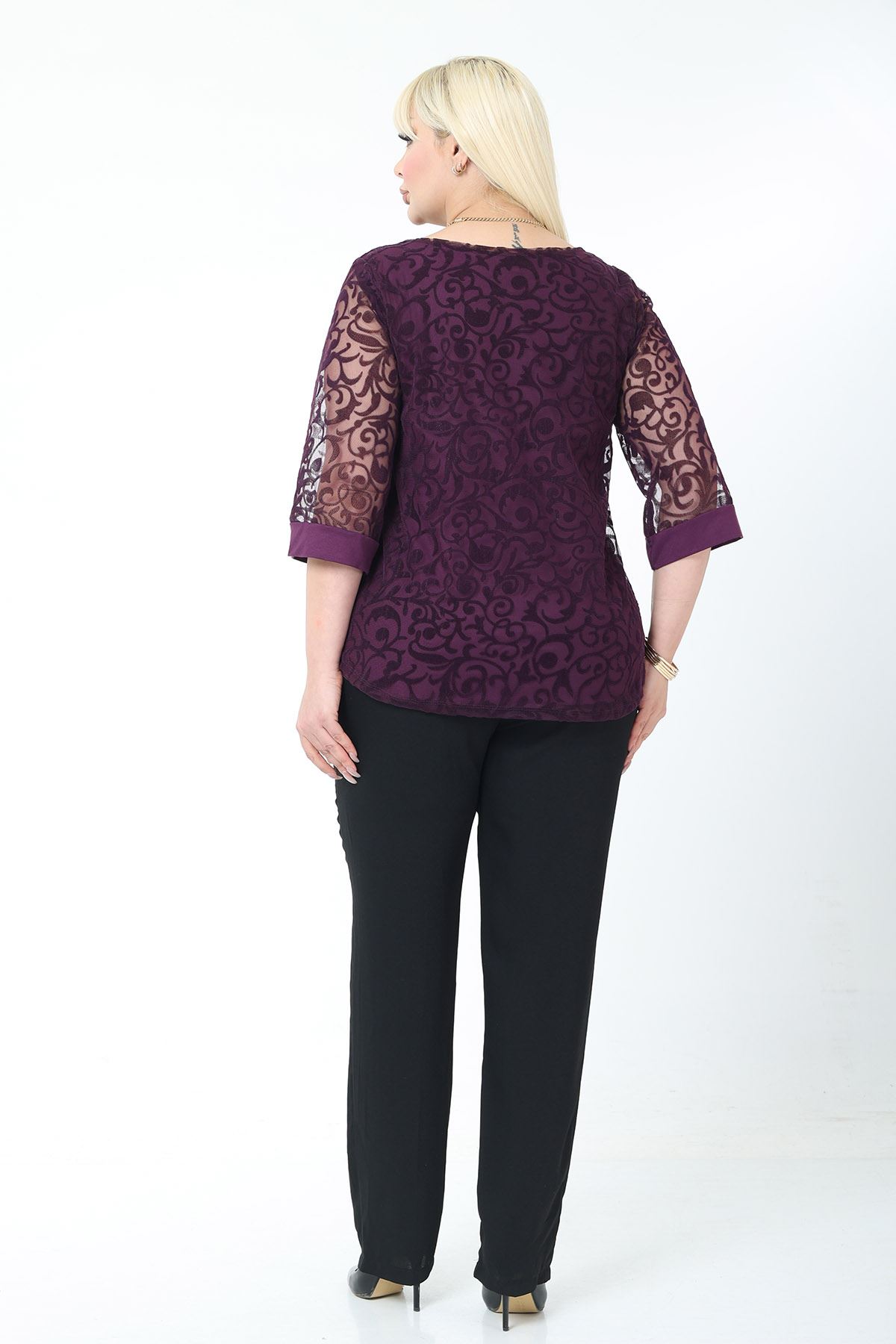 Büyük Beden Astarlı Mor Esnek Bluz 44B-2779