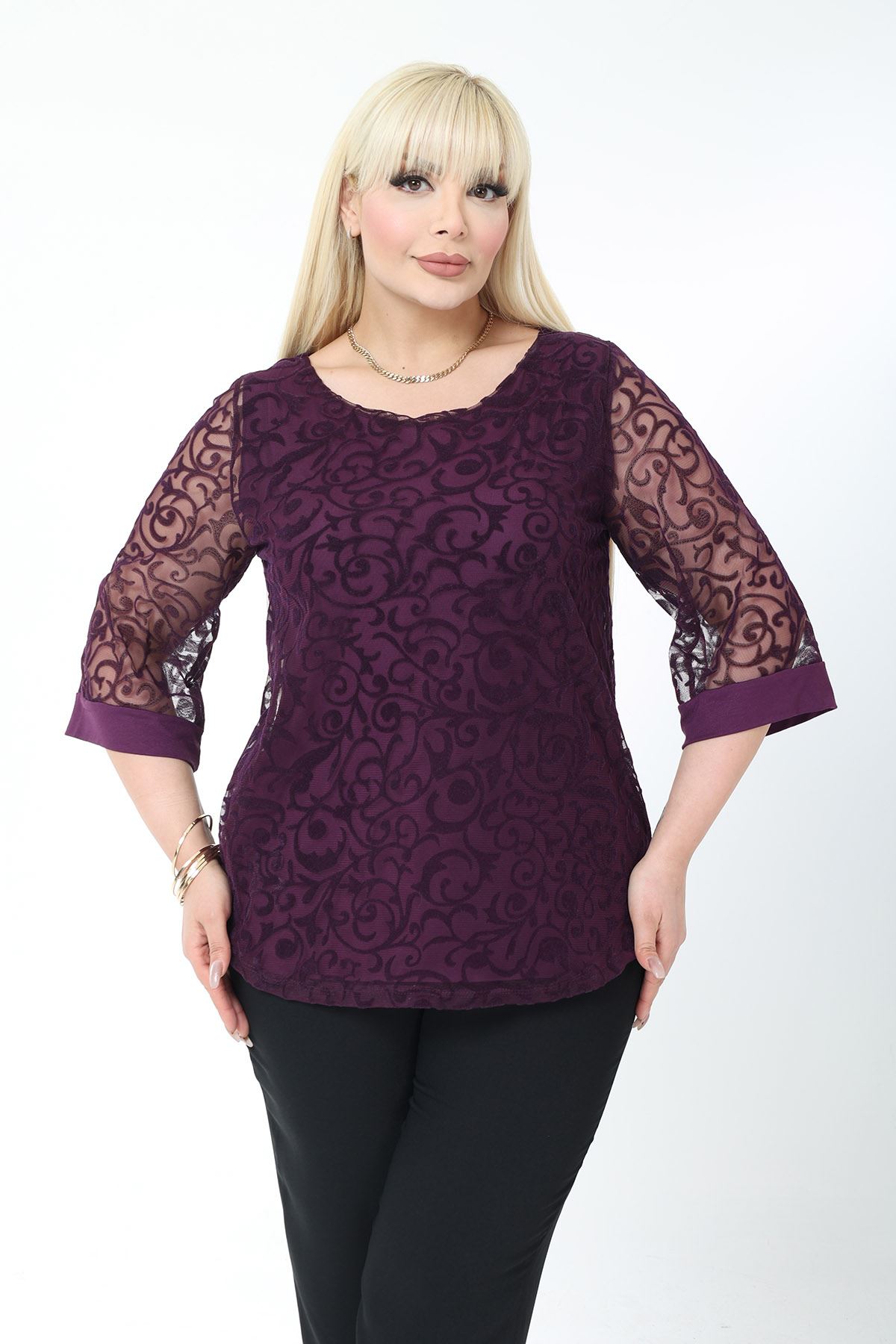 Büyük Beden Astarlı Mor Esnek Bluz 44B-2779