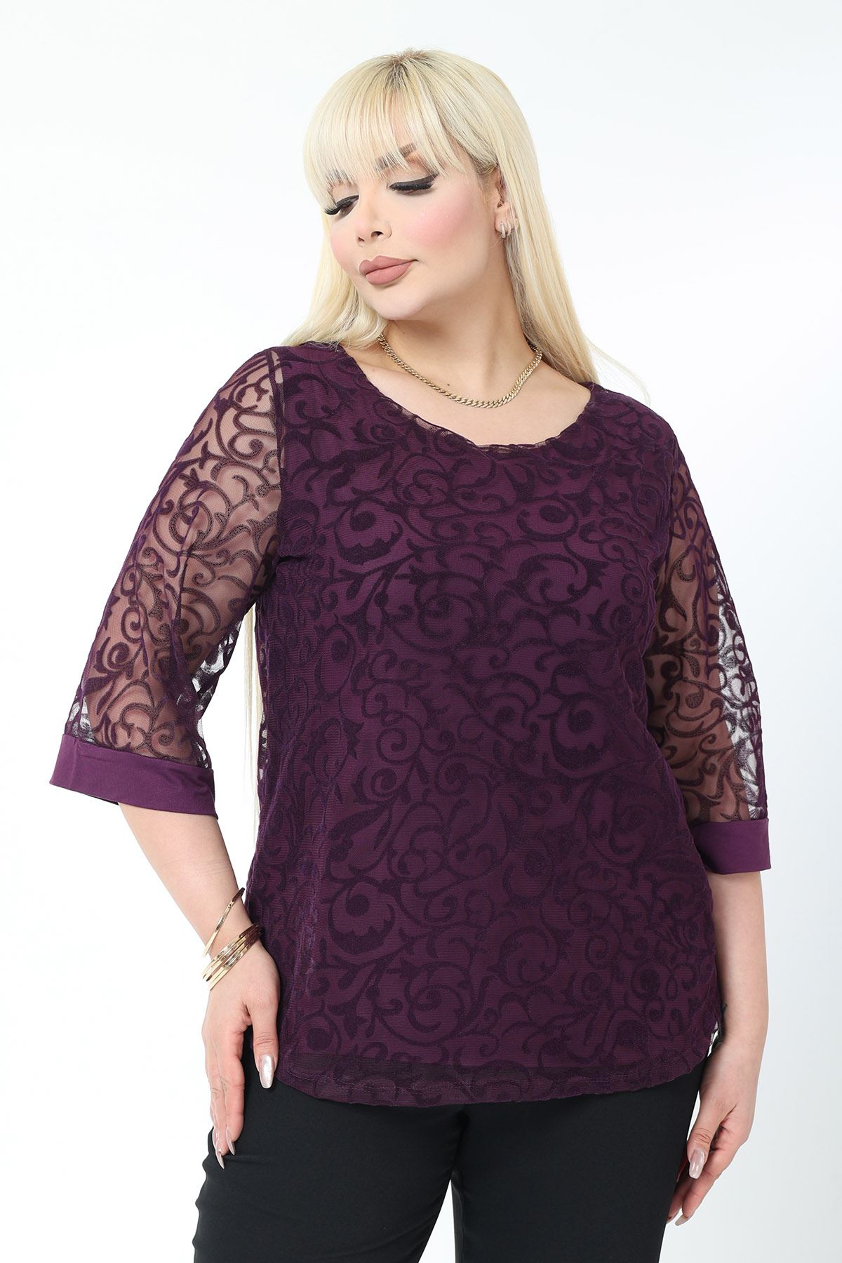 Büyük Beden Astarlı Mor Esnek Bluz 44B-2779