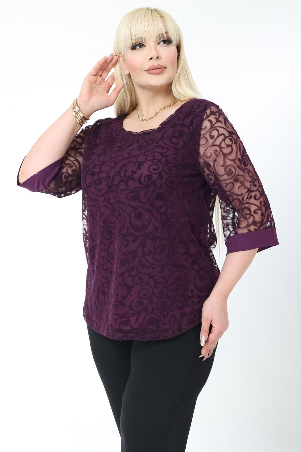 Büyük Beden Astarlı Mor Esnek Bluz 44B-2779