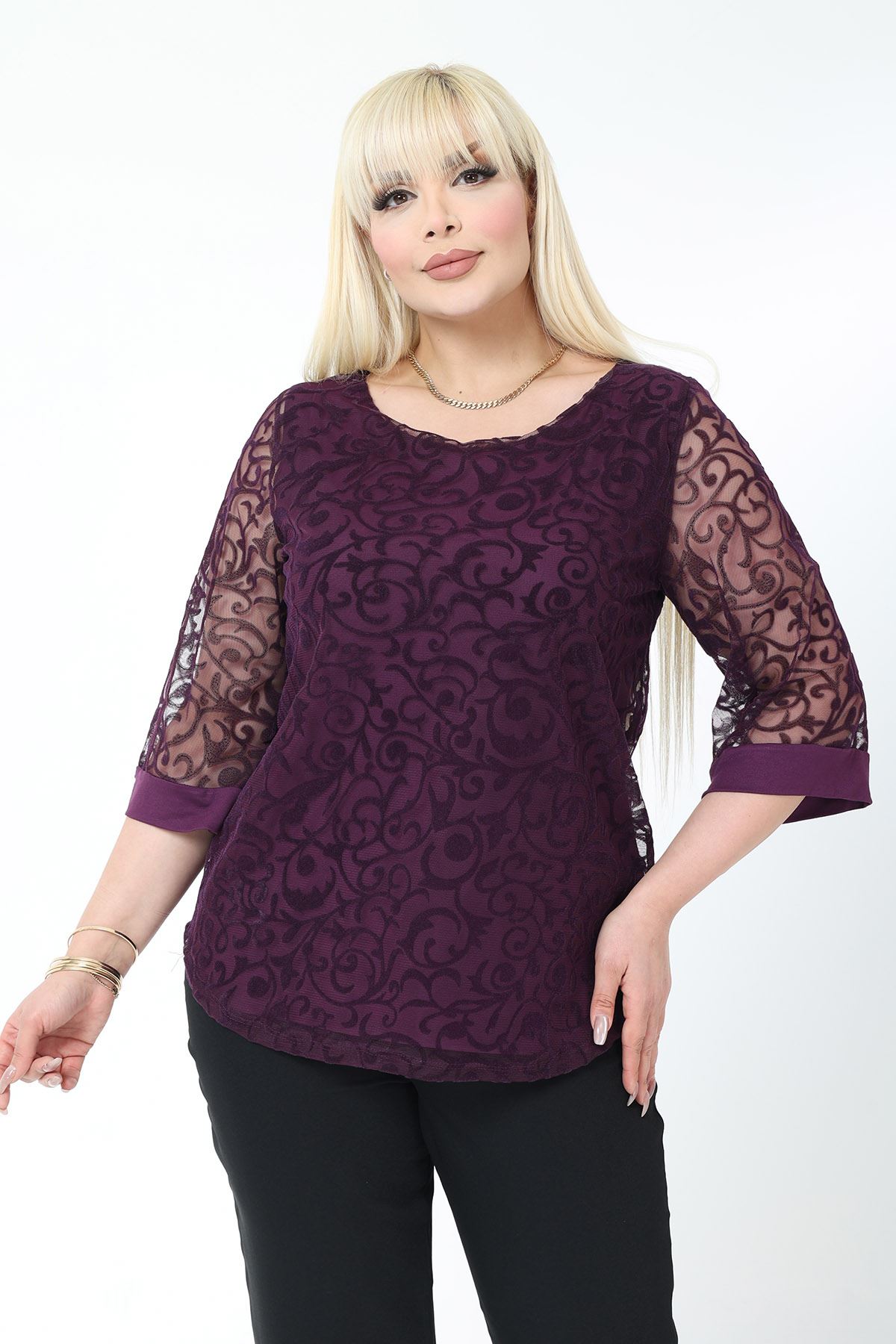 Büyük Beden Astarlı Mor Esnek Bluz 44B-2779
