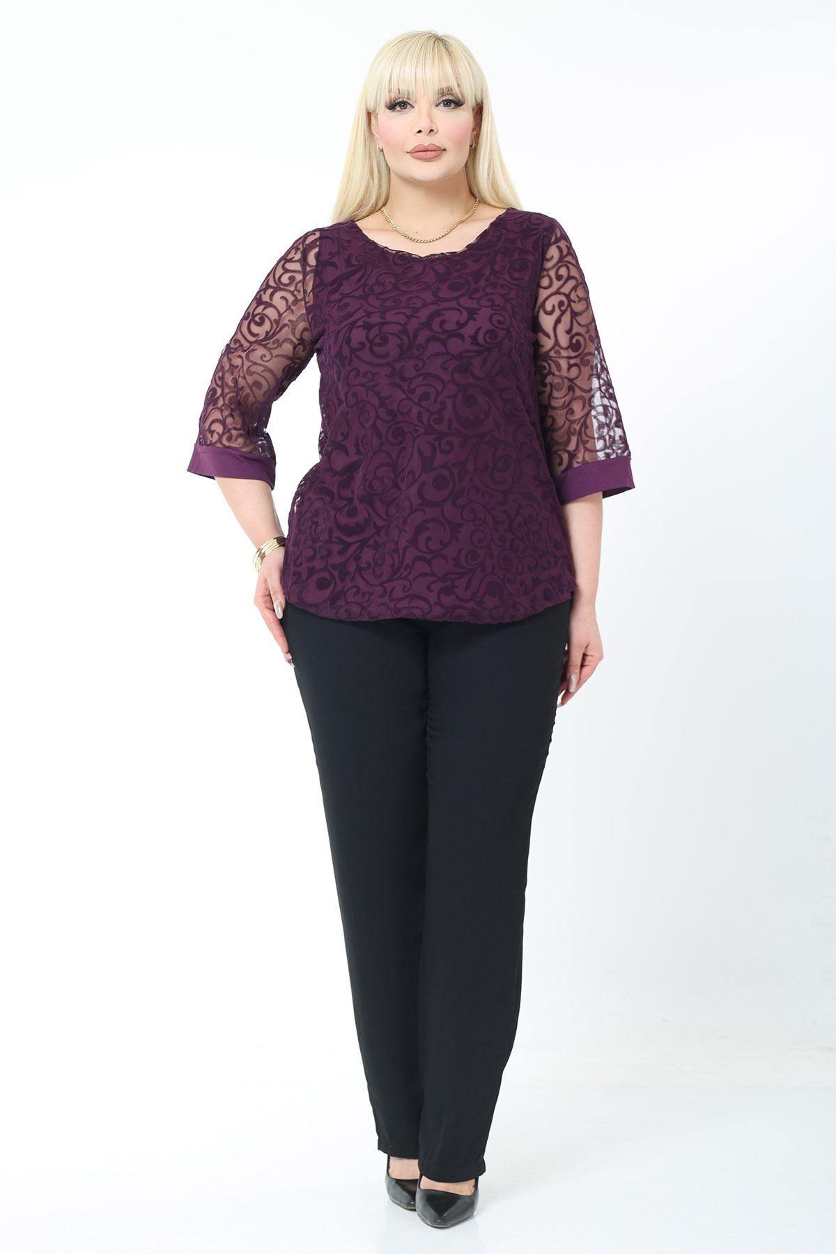 Büyük Beden Astarlı Mor Esnek Bluz 44B-2779