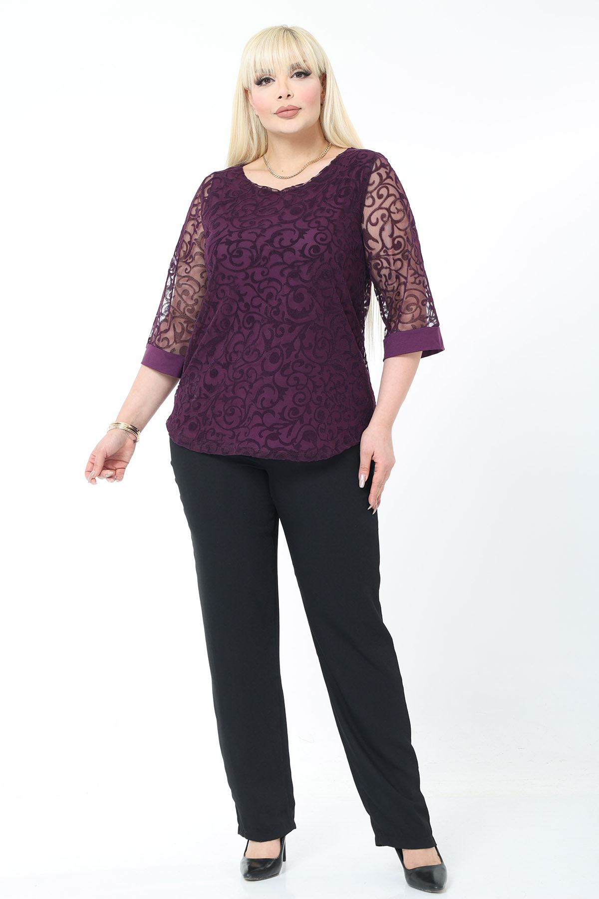 Büyük Beden Astarlı Mor Esnek Bluz 44B-2779