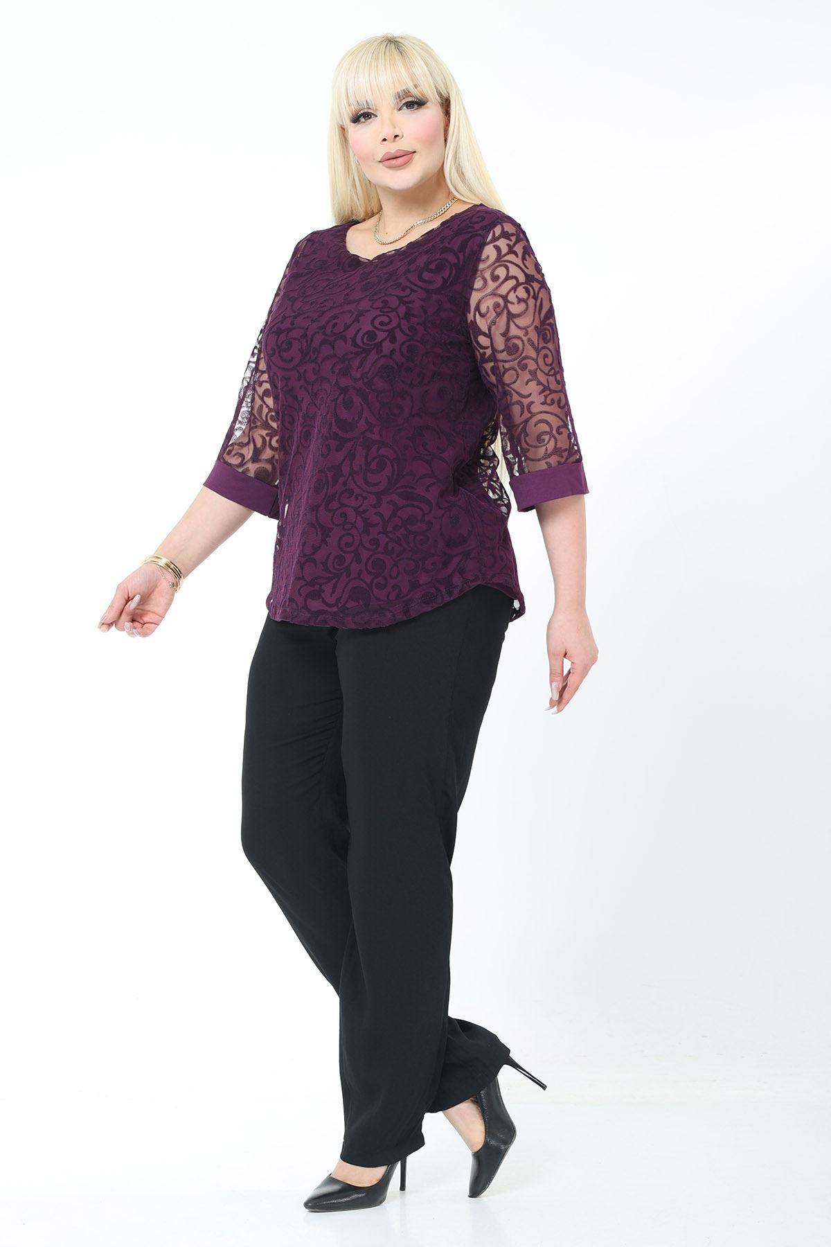 Büyük Beden Astarlı Mor Esnek Bluz 44B-2779