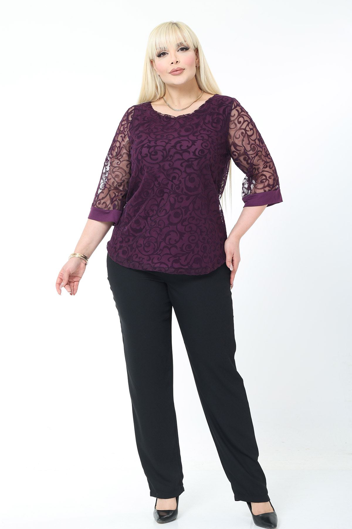 Büyük Beden Astarlı Mor Esnek Bluz 44B-2779