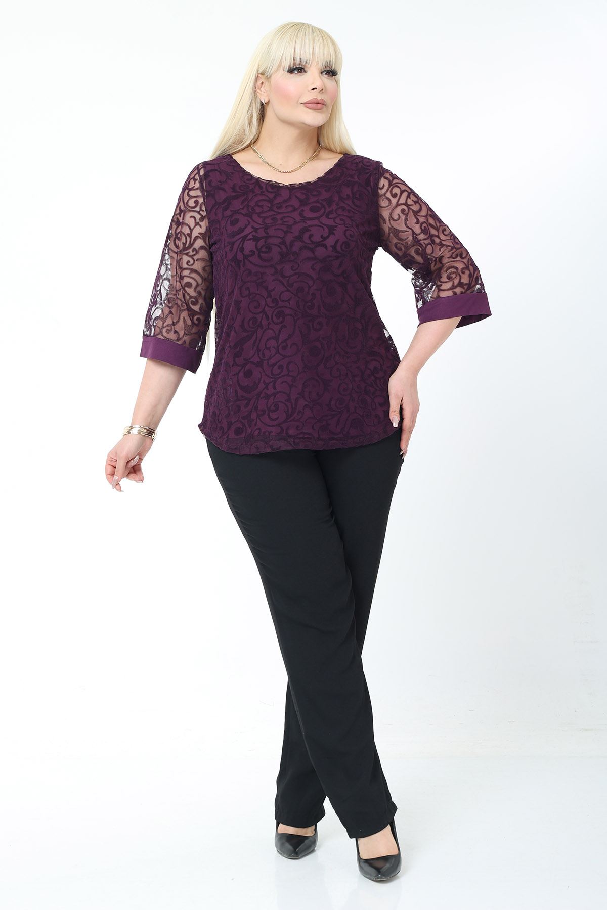 Büyük Beden Astarlı Mor Esnek Bluz 44B-2779