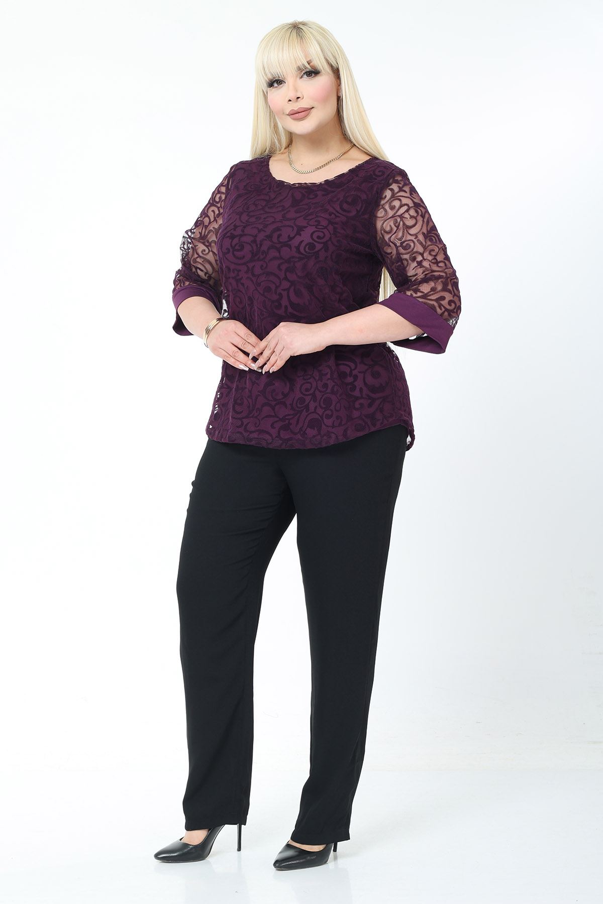Büyük Beden Astarlı Mor Esnek Bluz 44B-2779