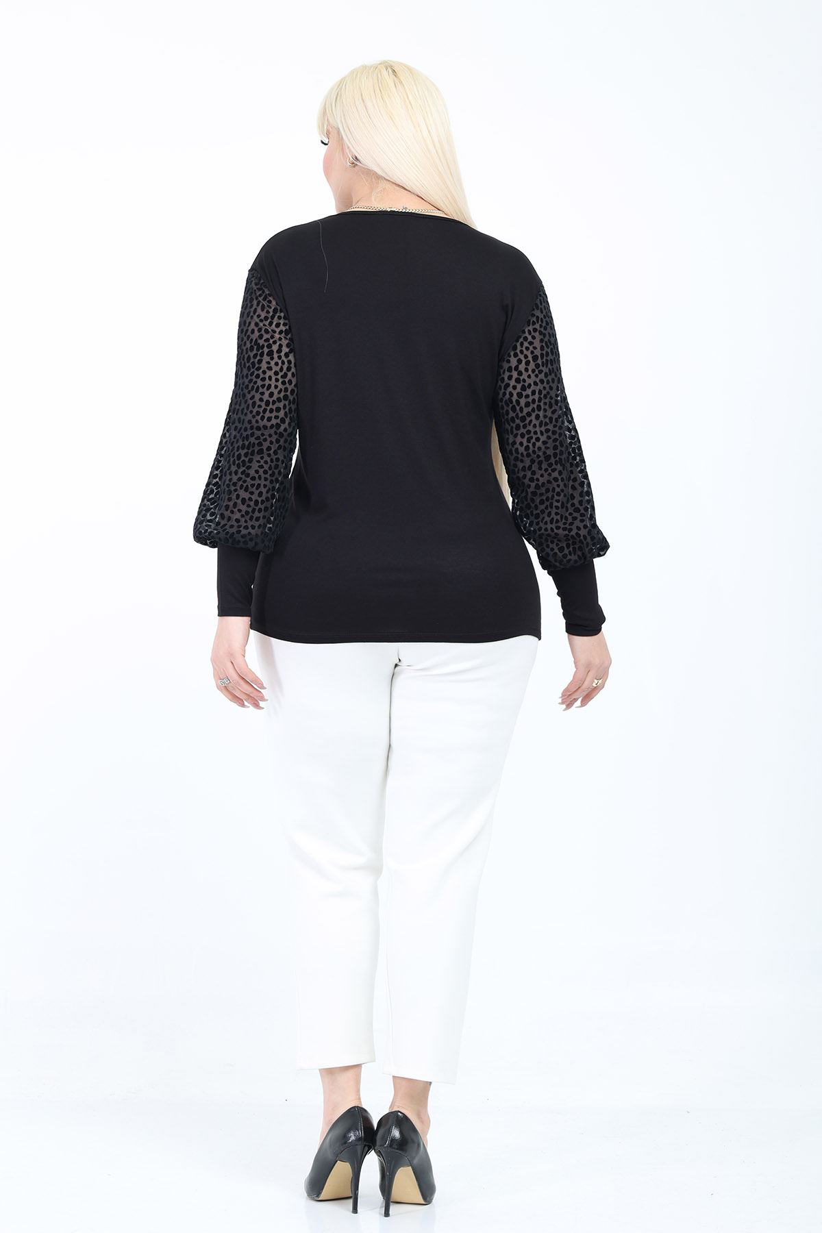 Siyah Büyük Beden Transparan Puantiyeli Tül Kol Bluz 5B-2776