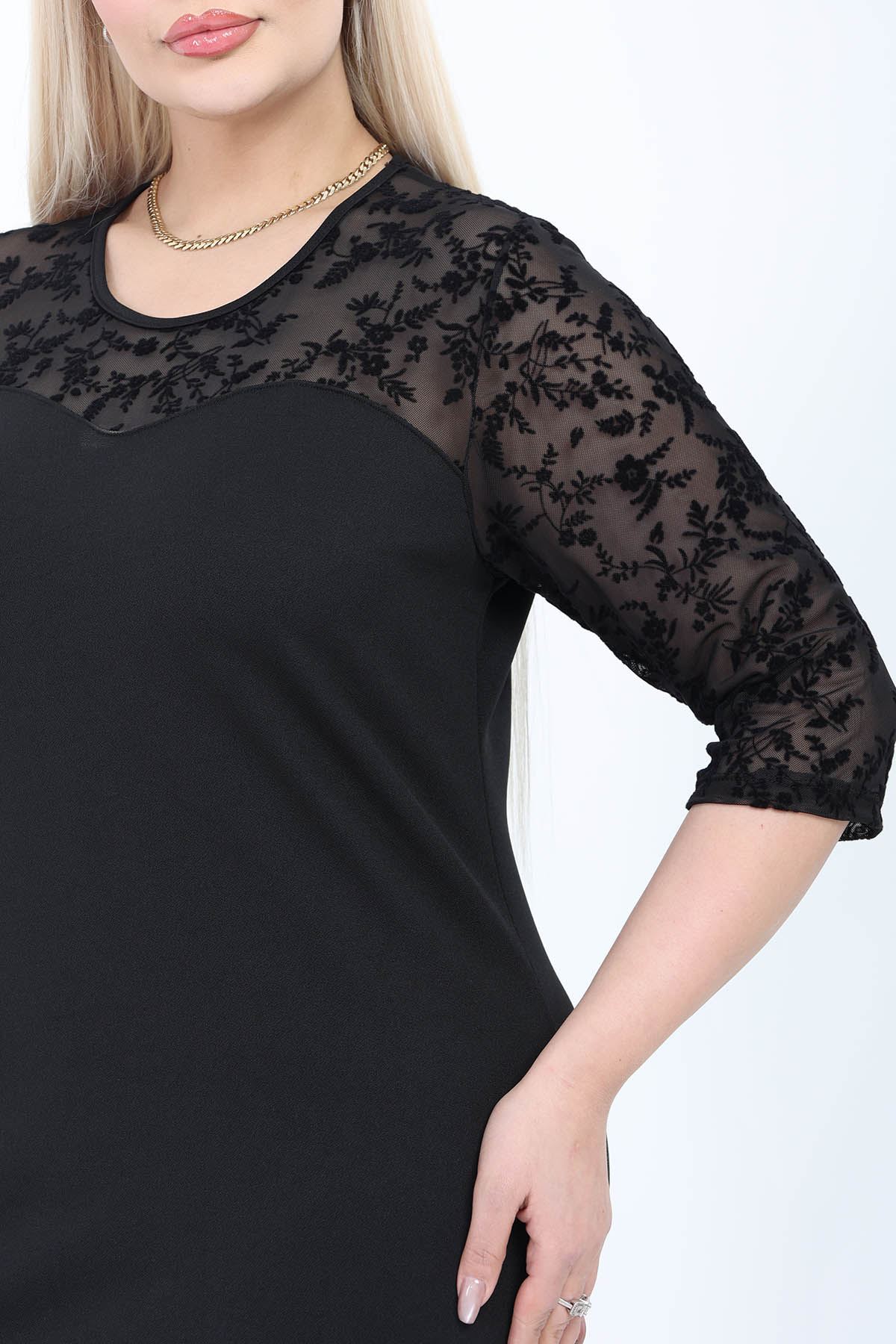 Siyah Flok Tül Detaylı Büyük Beden Midi Elbise 16C-2778