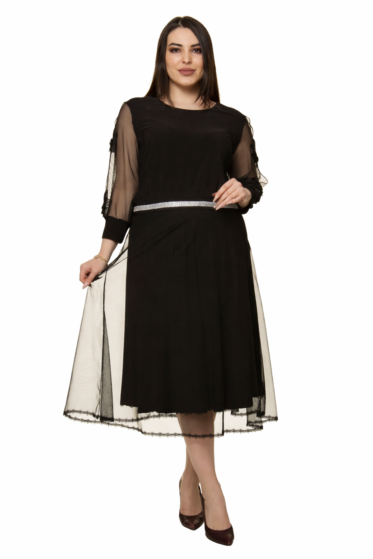 Siyah Kol Nakışlı Büyük Beden Elbise 31A-1571