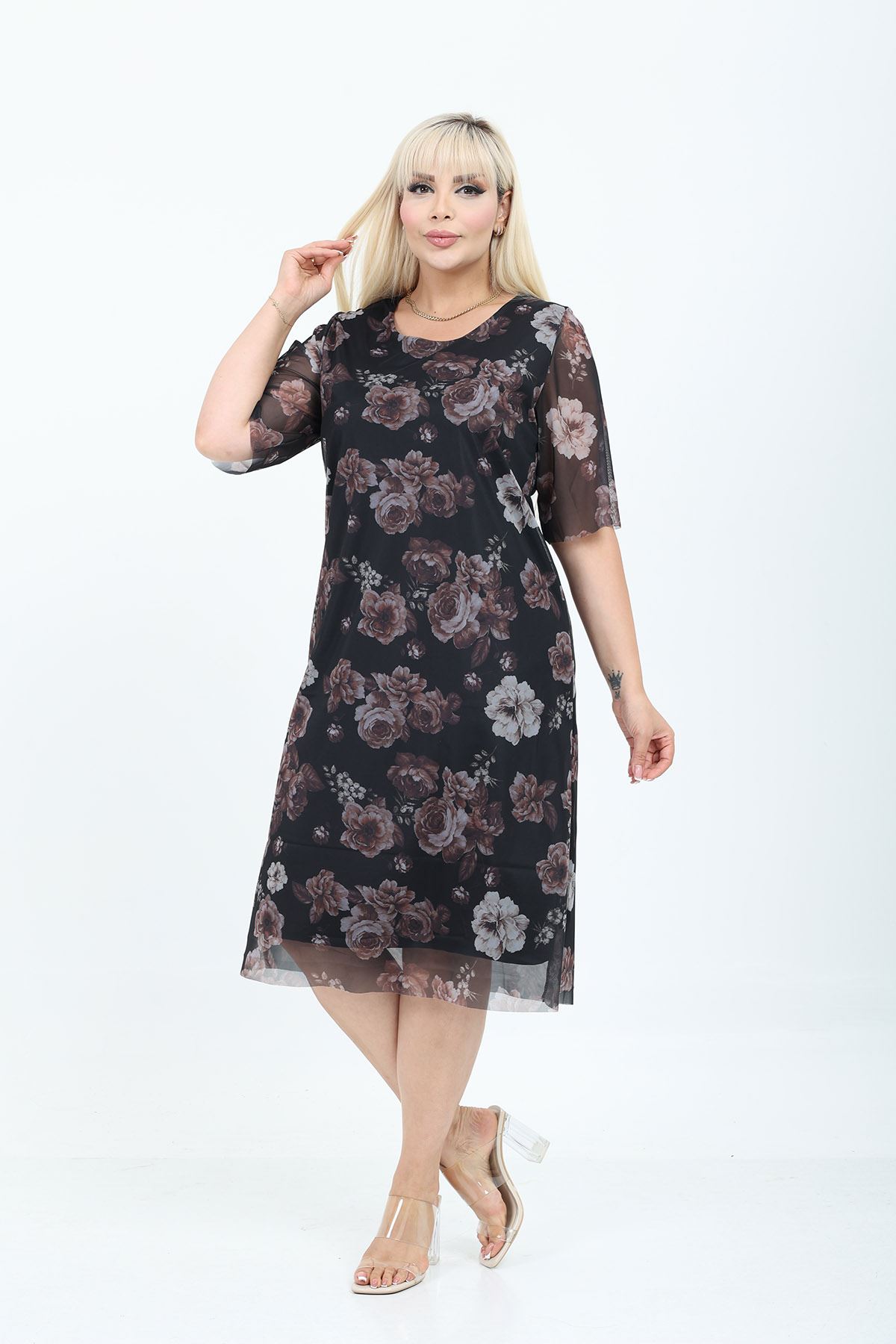 Büyük Beden Çiçek Desenli Tül Midi Elbise 15C-2811