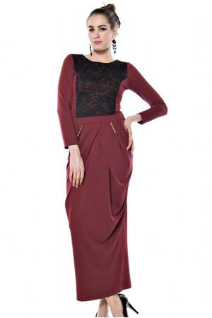 Bordo   Dantel Detaylı Uzun  Elbise  F1-64981