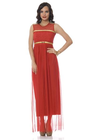 Kırmızı Tüllü Uzun Elbise F1-83579
