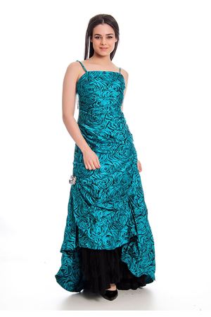 Petrol Mavi Desenli Siyah Abiye G9-44346