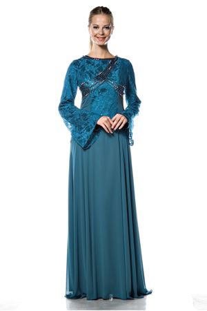 Petrol Yeşili Şifon Abiye F1-45090