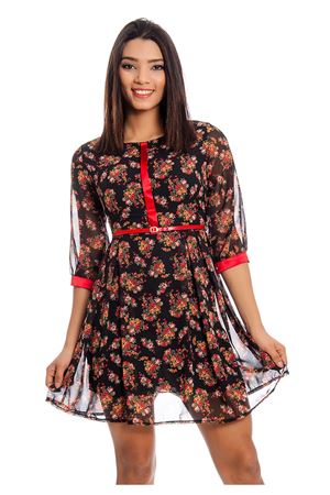 Siyah Çiçek Desenli Kemerli Şifon Kadın Elbise F3-129090A