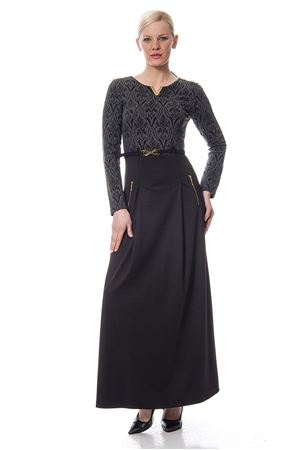 Siyah Gri Desenli Kemerli Elbise F1-113460