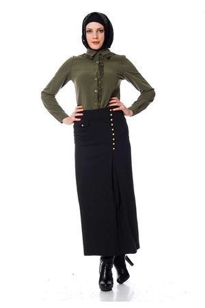 Siyah Metal Düğme Aksesuarlı Puane Etek J7-100666