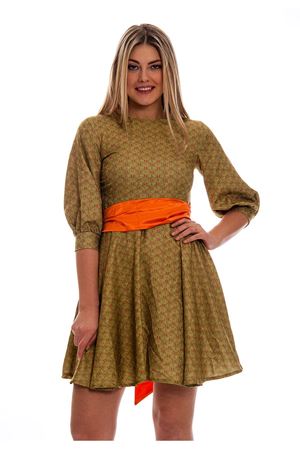 Yeşil Çiçek Desenli Saten Kemerli Kadın Elbise F3-121415