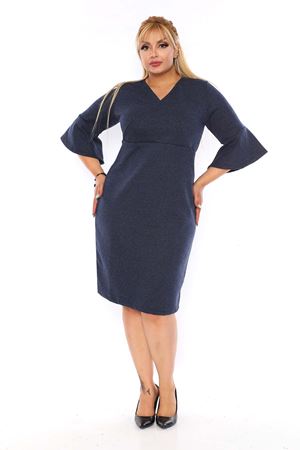 Kruvaze Yaka Lacivert Büyük Beden Elbise 8C-0753