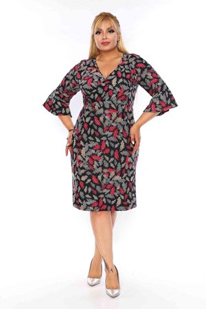 Kruvaze Yaka Yaprak Desen Elbise 4A-0735