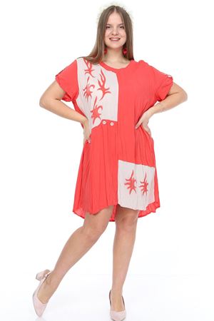 Bej Mercan Baskılı Büyük Beden Elbise 15E-0888