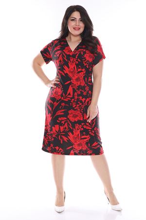 Kırmızı Desenli Kruvaze Yaka Büyük Beden Elbise 28C-0968