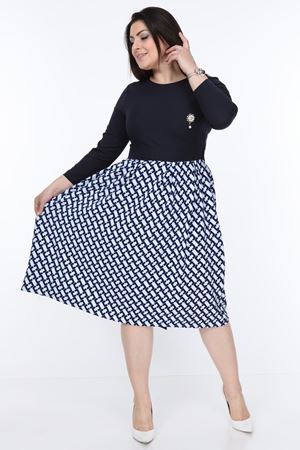 Lacivert Kloş Etekli Büyük Beden Elbise 12D-0993