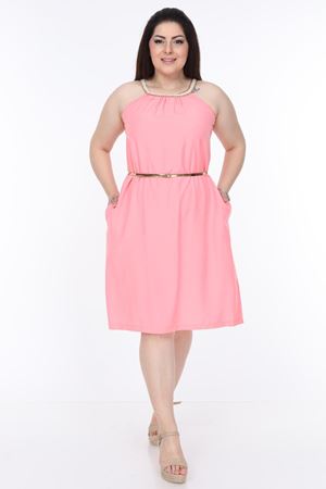Yaka Detaylı Pembe Büyük Beden Elbise 6B-1109