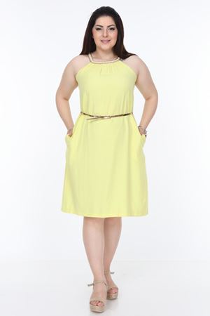 Yaka Detaylı Sarı Büyük Beden Elbise 1E-1045