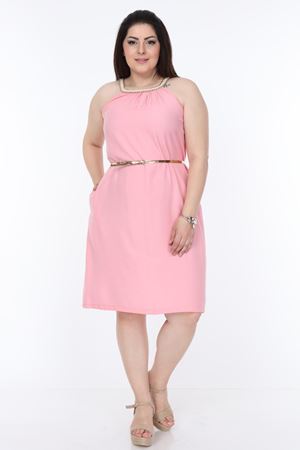 Hasır Yaka Pembe Büyük Beden Elbise 7B-1113