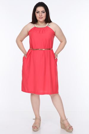 Hasır Yaka Mercan Büyük Beden Elbise 21A-1119