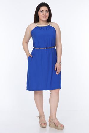 Hasır Yaka Saks Büyük Beden Elbise 21A-1122