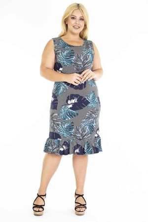 Lacivert Desenli Kolsuz Büyük Beden Elbise 31C-1203