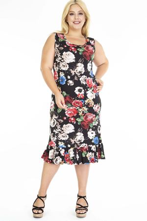 Desenli Eteği Fırfırlı Siyah Büyük Beden Elbise 31C-1208