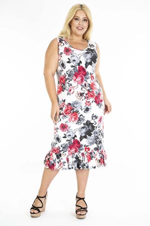 Desenli Eteği Fırfırlı Beyaz Büyük Beden Elbise 31C-1204