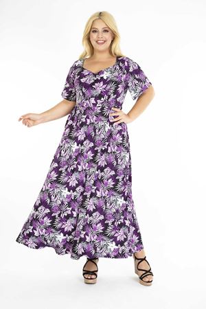 Mor Çiçekli Desenli Uzun Büyük Beden Elbise 31D-1220