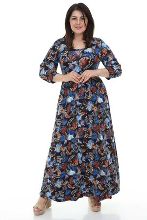 Mavi Çiçekli Siyah Büyük Beden Elbise 18E-1254