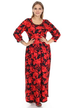 Kırmızı Çiçekli Siyah Büyük Beden Elbise 15E-1252