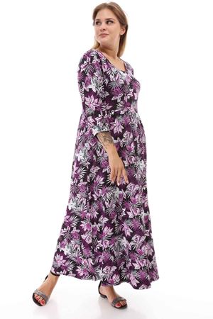 Lila Çiçekli Siyah Büyük Beden Elbise 21E-1251