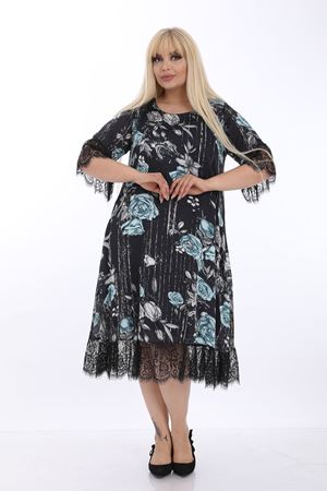 Siyah Desenli Dantelli Büyük Beden Elbise J1-1317