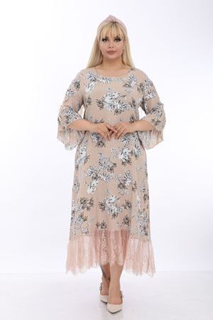 Bej Desenli Dantelli Büyük Beden Elbise J1-1318